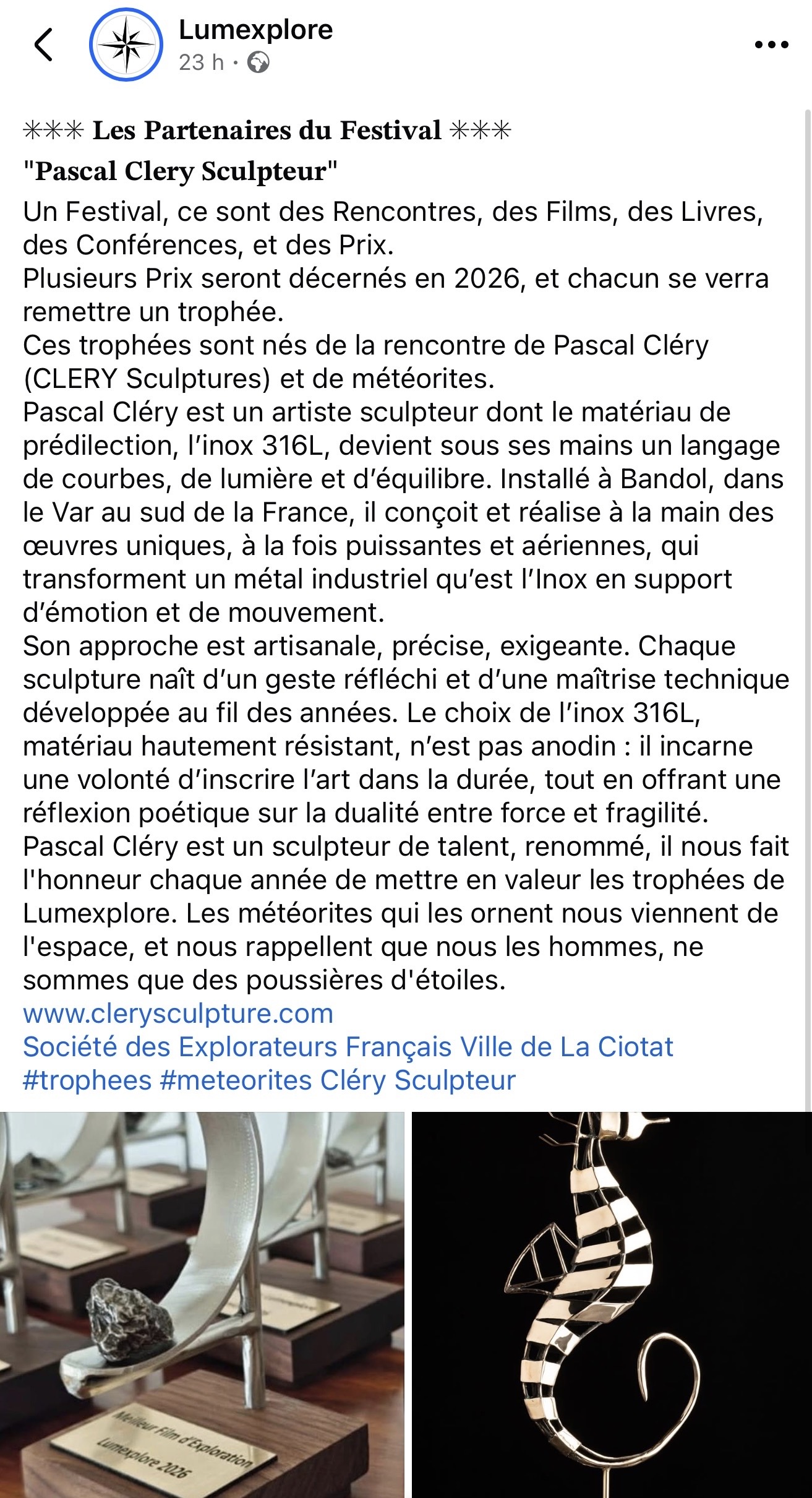 Trophées du Festival Lumexplore réalisés par Pascal Cléry lors de la remise des prix